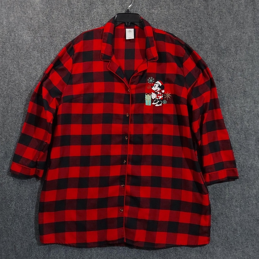 Disney Shirt Womens 2XL Red Plaid‎ Flannel Minnie Mouse Christmas Button Up Top